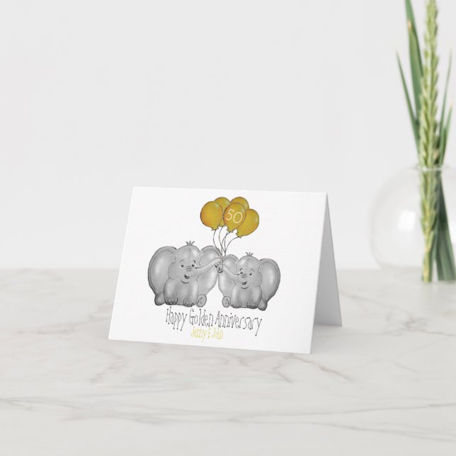 50:e Golden Bröllop-årsdagen, söt elefant Kort (Framsida)