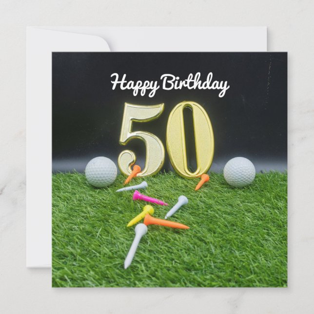 50:e Golffödelsedag till golfer med bollar och T (Framsida)