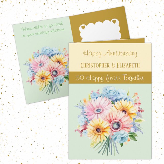 50:e Guld-årsdagen av blommor grönt Kort (Skapare uppladdad)