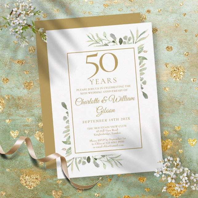 50:e Guld-årsdagen för vattenfärgen Grey Löv Inbjudningar (50th Gold Anniversary Watercolour Greenery Leaves Invitation)