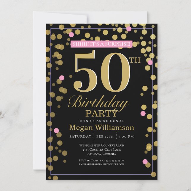 50:e Guld Black Rosa Confetti Surprise Birthday Inbjudningar (Framsida)