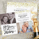50:e gyllene årsdagen då och nu fotokonfetti inbjudningar<br><div class="desc">Inbjudan med denna 50:e bröllop-jubileumsinbjudan i svart och guld med guld konetti och med återtypografi som anger 50 ÅR I SKAPAR och integrerar bröllop som en del av designen. Inkludera DÅ- och NU-foton för en inbjudan till roligt med en titt från det förflutna. Information om gruppinbjudan finns på baksidan. PHOTO...</div>