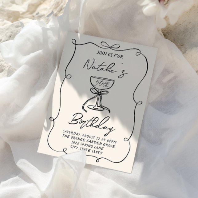 50:e Hand plockade Black & White Bow Martini Birth Inbjudningar (Skapare uppladdad)