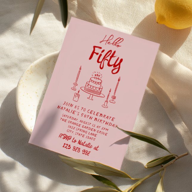 50:e Hand plockade Rosa Röd kummel Hej 50:e födels Inbjudningar (Skapare uppladdad)