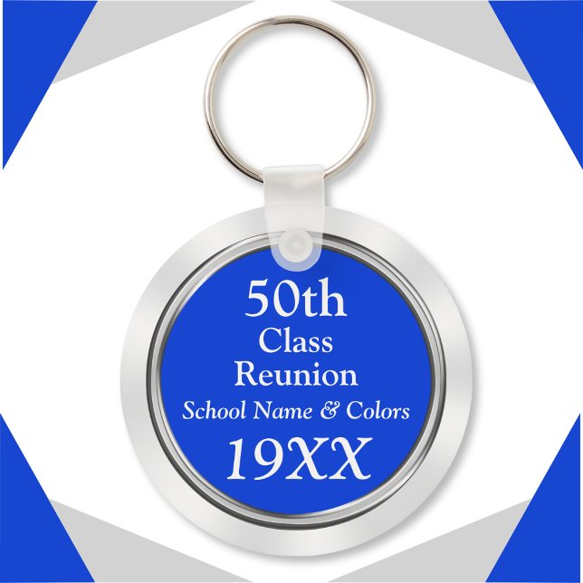 50:e klassens "Reunion Gift Ideas", Din text, Färg Nyckelring (50 year class reunion souvenirs. Blue, White and Silver, 50th class reunion keychains. 50th reunion.)