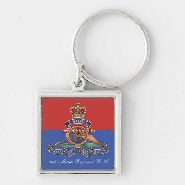 50:e missilregimens Royal Artilleri Fyrkantig Silverfärgad Nyckelring (Framsidan)