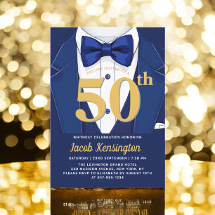 50:e navy Blue and Guld Tuxedo Birthday Event Inbjudningar