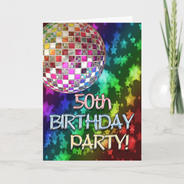 50:e party med disco boll och regnbåge med stjärno inbjudan (Framsida)