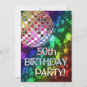 50:e party med disco boll och regnbåge med stjärno inbjudningar
