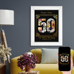 50:e Personligen Golden Bröllop Photo Collage Poster<br><div class="desc">Personlig 50:e Golden Bröllop-årsjubileet för föräldrar. Den här svarta och guld poster innehåller ett 50-format fotokollage med elegant art deco stil ram och ornate script typography. Mallen är inställd på redo så att du kan lägga till namn, anpassningsbar och bröllop. Fotokollaget har kvadrat, liggande och porträtt bilder, för ge finns...</div>