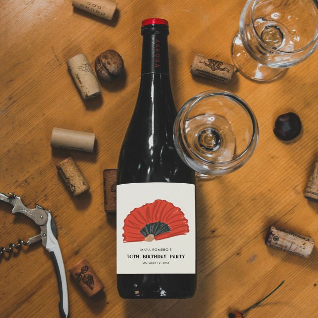 50:e Röda Flamenco Fläkt-Födelsedagsfesten Vinflaska Etikett (Red and black flamenco fan fiftieth birthday party wine bottle label stickers.)