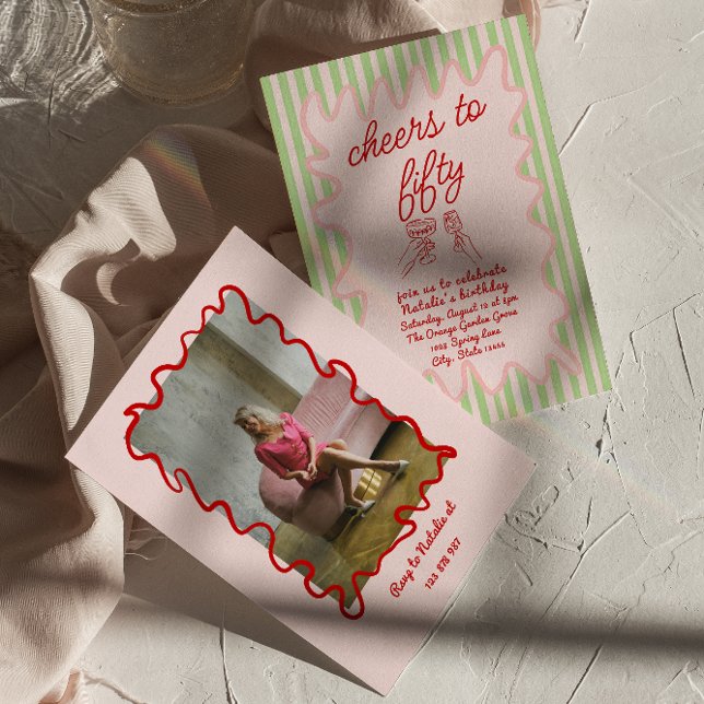 50:e Rosa - födelsedag för färgat Rand Inbjudningar (Skapare uppladdad)