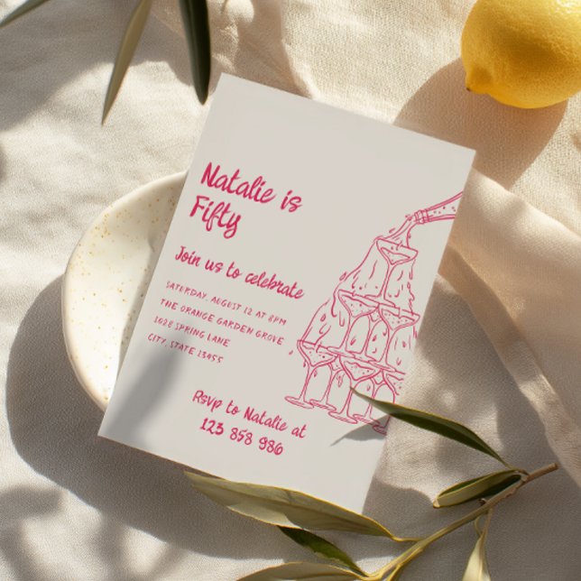 50:e Rosan Drawn Champagne Torn 50:e födelsedagen Inbjudningar (Skapare uppladdad)