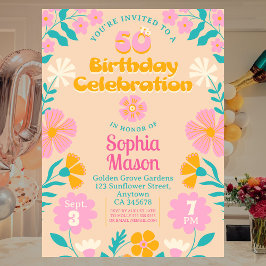 50:e Rosan i Blommigten Retro Groovy Vibe Birthday Inbjudningar