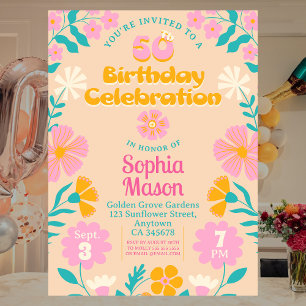 50:e Rosan i Blommigten Retro Groovy Vibe Birthday Inbjudningar
