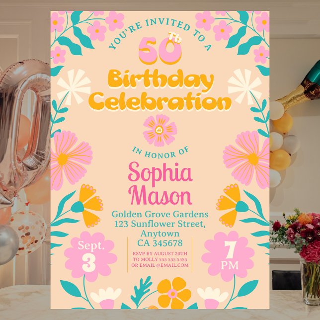 50:e Rosan i Blommigten Retro Groovy Vibe Birthday Inbjudningar (Skapare uppladdad)
