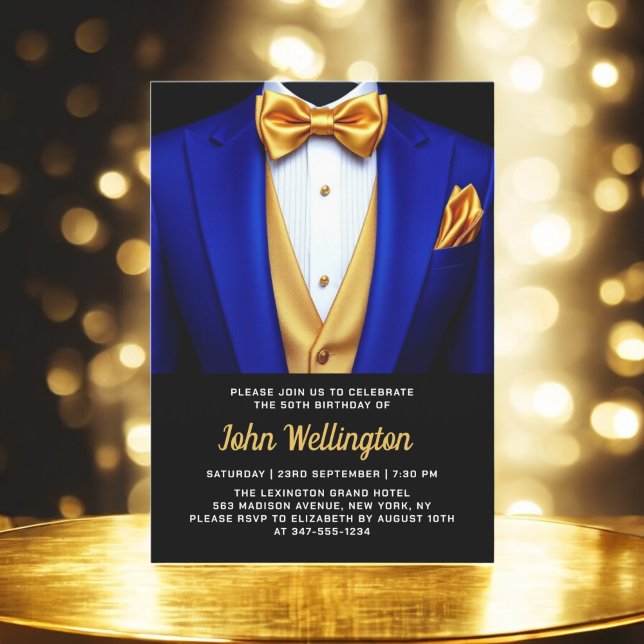 50:e Royalet Blue och Guld Tuxedo Birthday Event Inbjudningar (Skapare uppladdad)