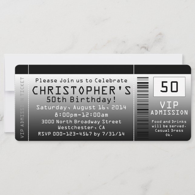 50:e Svartvit Biljett i Födelsedagsfest inbjudan (Framsida)