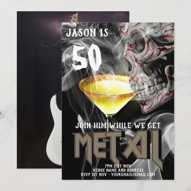 50:e tungt Metall-födelsedag Inbjudan Guitar GOTH (Fram/baksida)