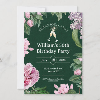 50:e vattenfärgens Elegant Blommor födelsedag Inbjudningar