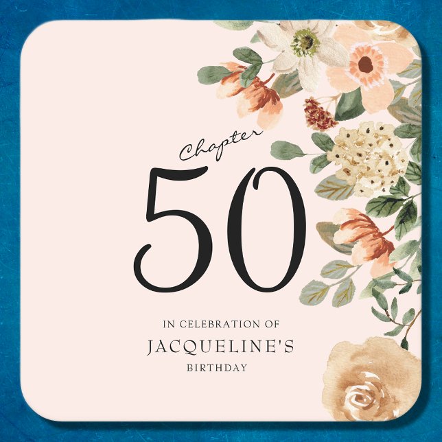 50:e Vintagens Blommigt Underlägg Papper Kvadrat (Discover how our elegant 50th Birthday Vintage Floral paper coasters can add a personalized touch.)