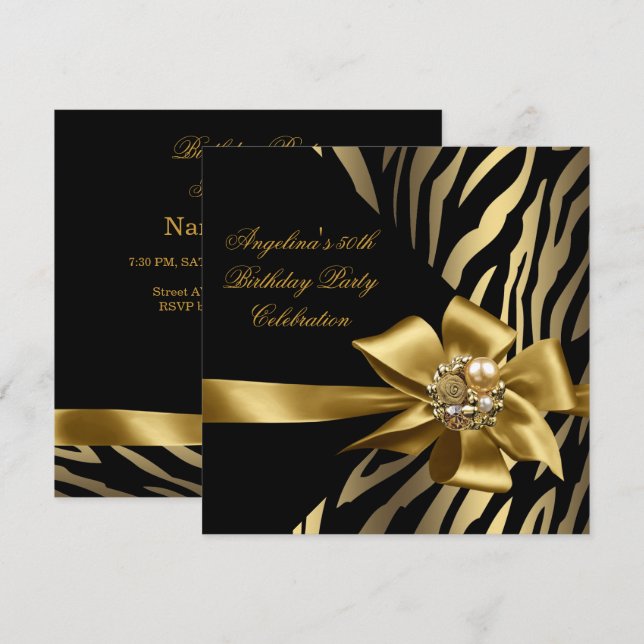 50:e Zebra Old Gold Cream Black Födelsedagsfest Inbjudningar (Fram/baksida)