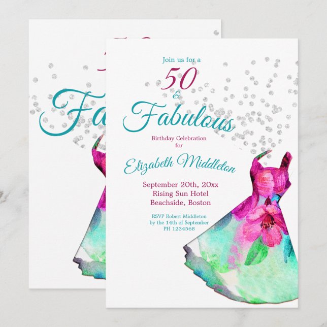 50 Elegant Glitter Blommigt Dress Birthday Inbjudningar (Fram/baksida)