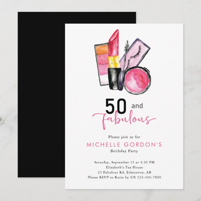 50 & Fabulous 50:e födelsedagsdagen Cosmetics Rosa Inbjudningar (Fram/baksida)