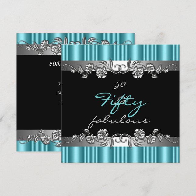 50 & Fabulous 50:e Födelsedagsfesten Silver Teal Inbjudningar (Fram/baksida)