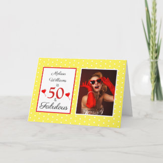 50 & Fabulous 50:e födelsedagsfoto-Gult vit punkt Kort
