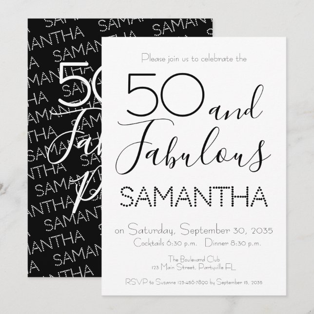 50 & Fabulous 50th Birthday Party Black Elegant Inbjudningar (Fram/baksida)
