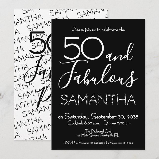 50 & Fabulous 50th Birthday Party Black Elegant Inbjudningar (Fram/baksida)