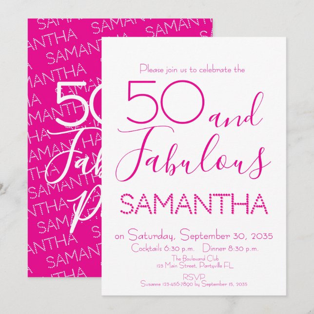 50 & Fabulous 50th Birthday Party Pink Elegant Inbjudningar (Fram/baksida)