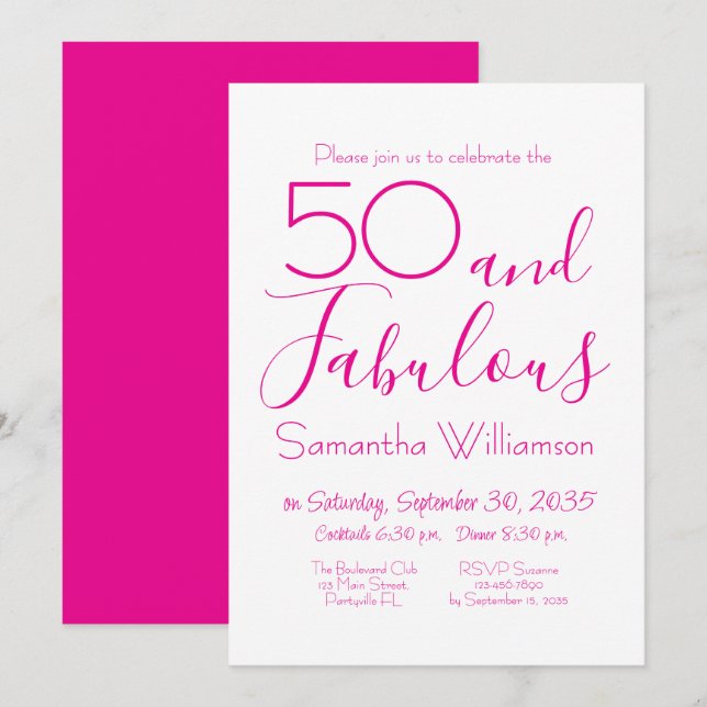 50 & Fabulous 50th Birthday Party Pink Elegant Inbjudningar (Fram/baksida)