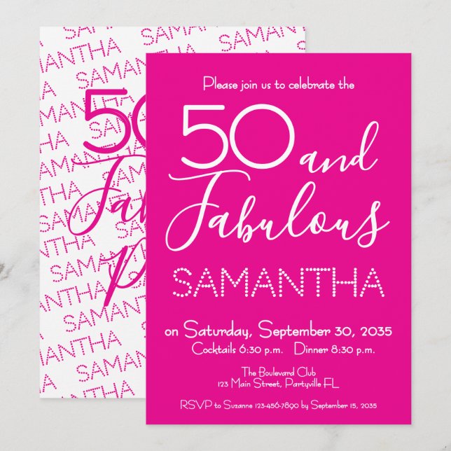 50 & Fabulous 50th Birthday Party Pink Elegant Inbjudningar (Fram/baksida)