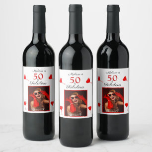 50 & Fabulous Anpassningsbar Photo Namn Red 50:e f Vinflaska Etikett