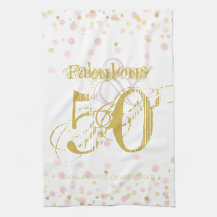 50 & Fabulous Birthday Elegant Rosa & Guld Dots Kökshandduk