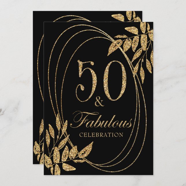 50 & Fabulous Birthday Firation Guld Glitter Inbjudningar (Fram/baksida)