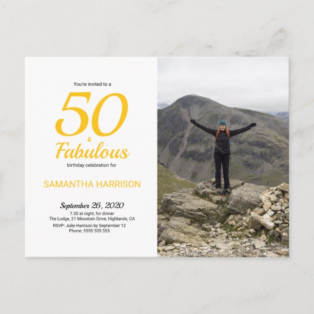 50 & Fabulous Birthday Gult Black Photo Postcard Inbjudan Vykort (Framsida)