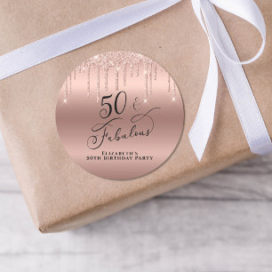 50 Fabulous Birthday Ro Guld Glitter, anpassad Runt Klistermärke