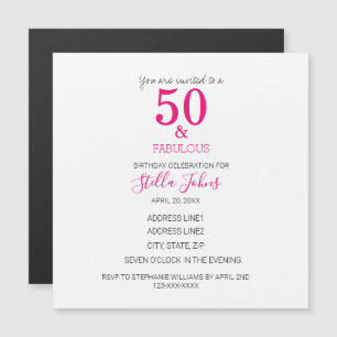 50 & Fabulous Birthday Rosa Fuchsia White Magnetisk Inbjudningskort