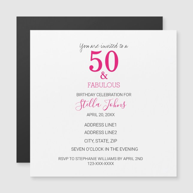 50 & Fabulous Birthday Rosa Fuchsia White Magnetisk Inbjudningskort (Fram/baksida)