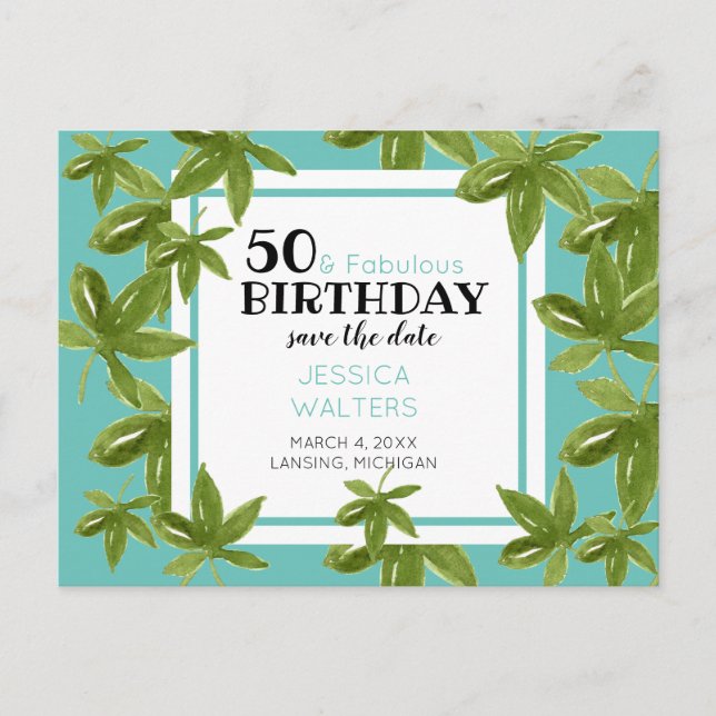 50 & Fabulous Birthday Tropical Save the date Inbjudan Vykort (Framsida)