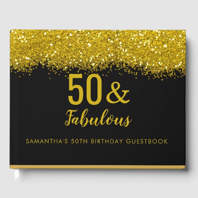 50 & Fabulous Black and Guld Glitter 50:e födelsed Gästböcker (Framsida)