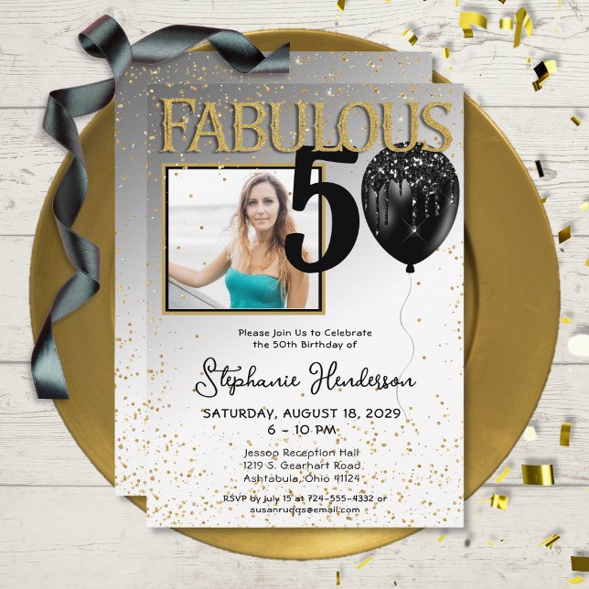 50 & Fabulous Black Guld Glam Birthday-inbjudan Inbjudningar (Skapare uppladdad)