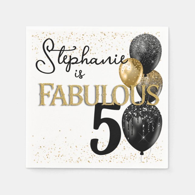 50 & Fabulous Black Guld Glam Birthday Napkin Pappersservett (Framsidan)
