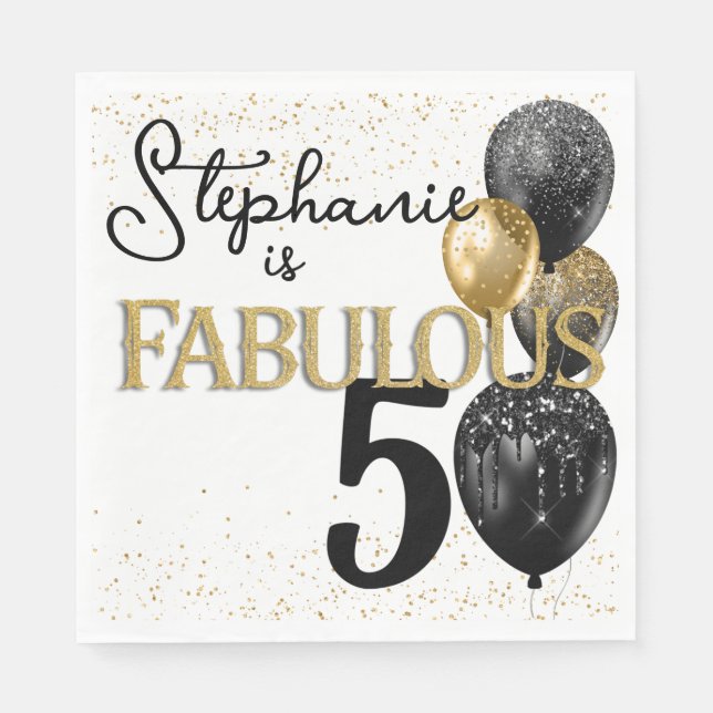 50 & Fabulous Black Guld Glam Birthday Napkin Pappersservett (Framsidan)