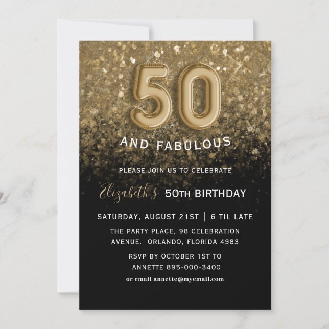 50 & Fabulous Black & Guld Glitter Birthday Inbjudningar (Framsida)
