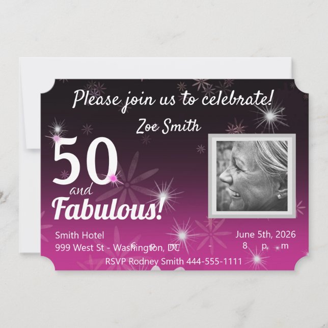50 & Fabulous Black, rosa, vit med stjärnor och da Inbjudningar (Framsida)