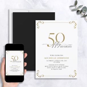 50 & Fabulous Black White & Guld Birthday Inbjudningar